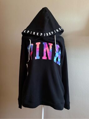 Victoria's Secret PINK Black Hoodie Watercolor Tie-Dye Lettering